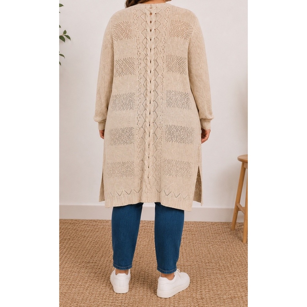 A&I Womens Open Knit Cable Back Long Sleeve Duster Cardigan Sweater Sz 3X Beige